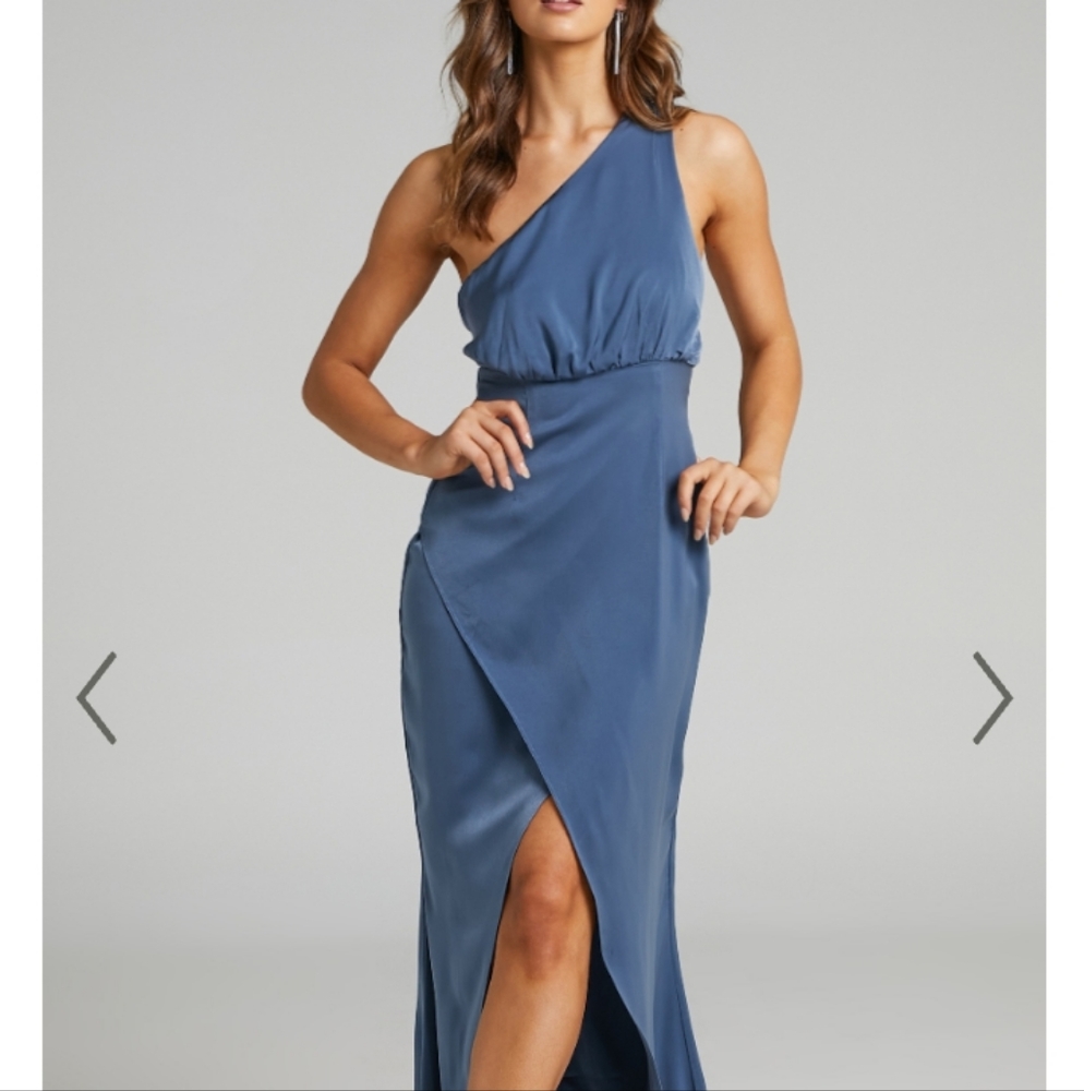 Showpo. Sandra one shoulder strappy formal dress usa size 2 steel blue